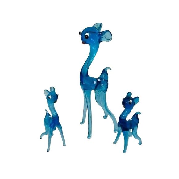 Vintage Murano Hand Blown Art Glass Miniature Light Blue Deer Figures Family Set - Picture 2 of 7